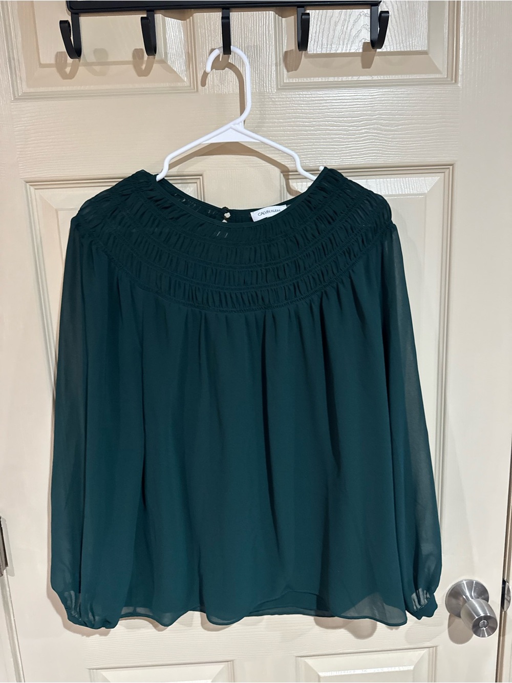 Calvin Klein Teal Chiffon Smocked Yoke Blouse